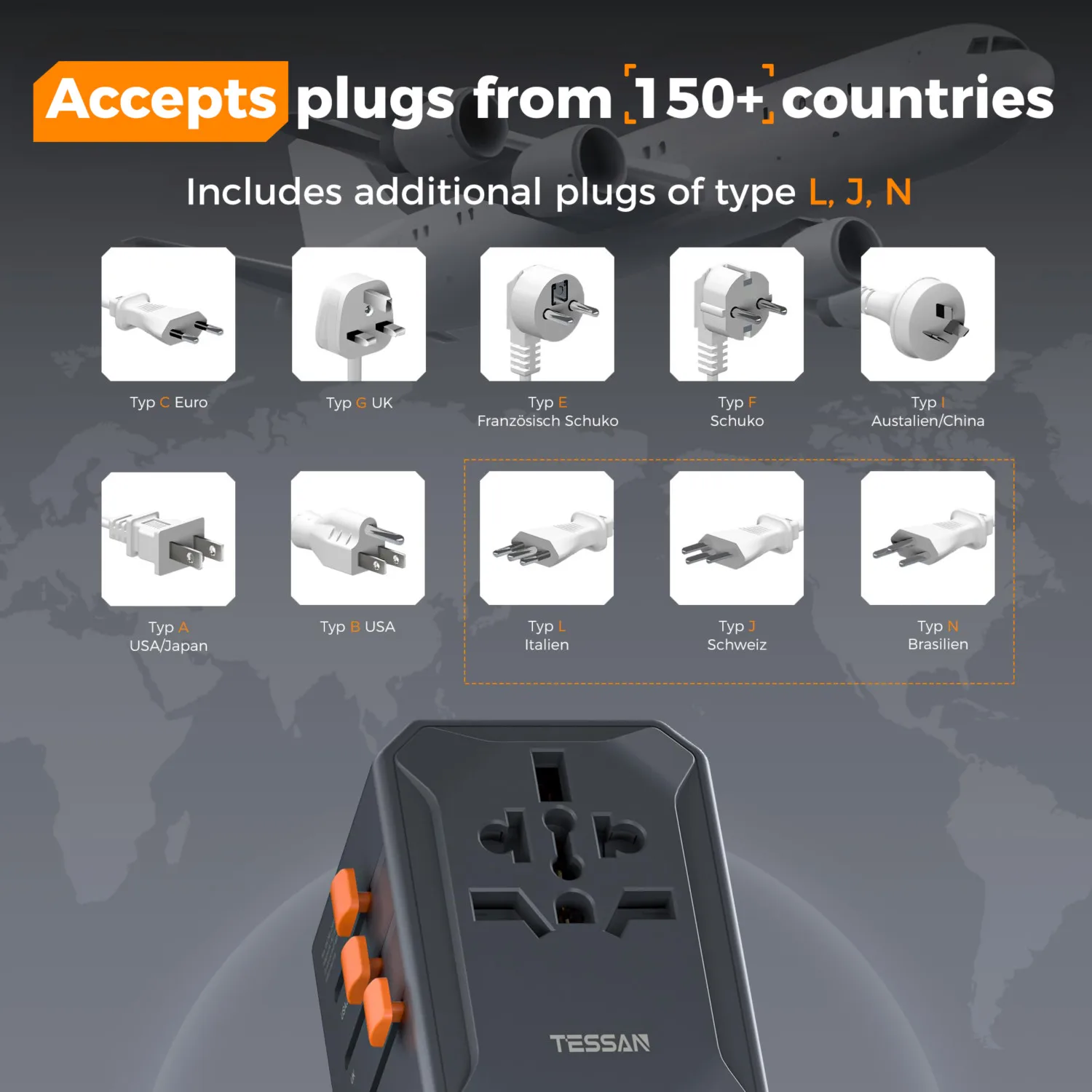 Быстрое зарядное устройство TESSAN 65W 100W 140W PD, универсальный дорожный адаптер GaN с 54 USB-портами, международное зарядное устройство с быстрой зарядкой типа C (art.: 3920cf30784db) - 3920cf30784db