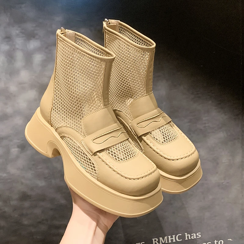 

Mesh Breathable Motorcycle Boots New Ankle Boots Autumn Solid Thick Bottom Zipper Square High Heels Platform Boots Plus Size