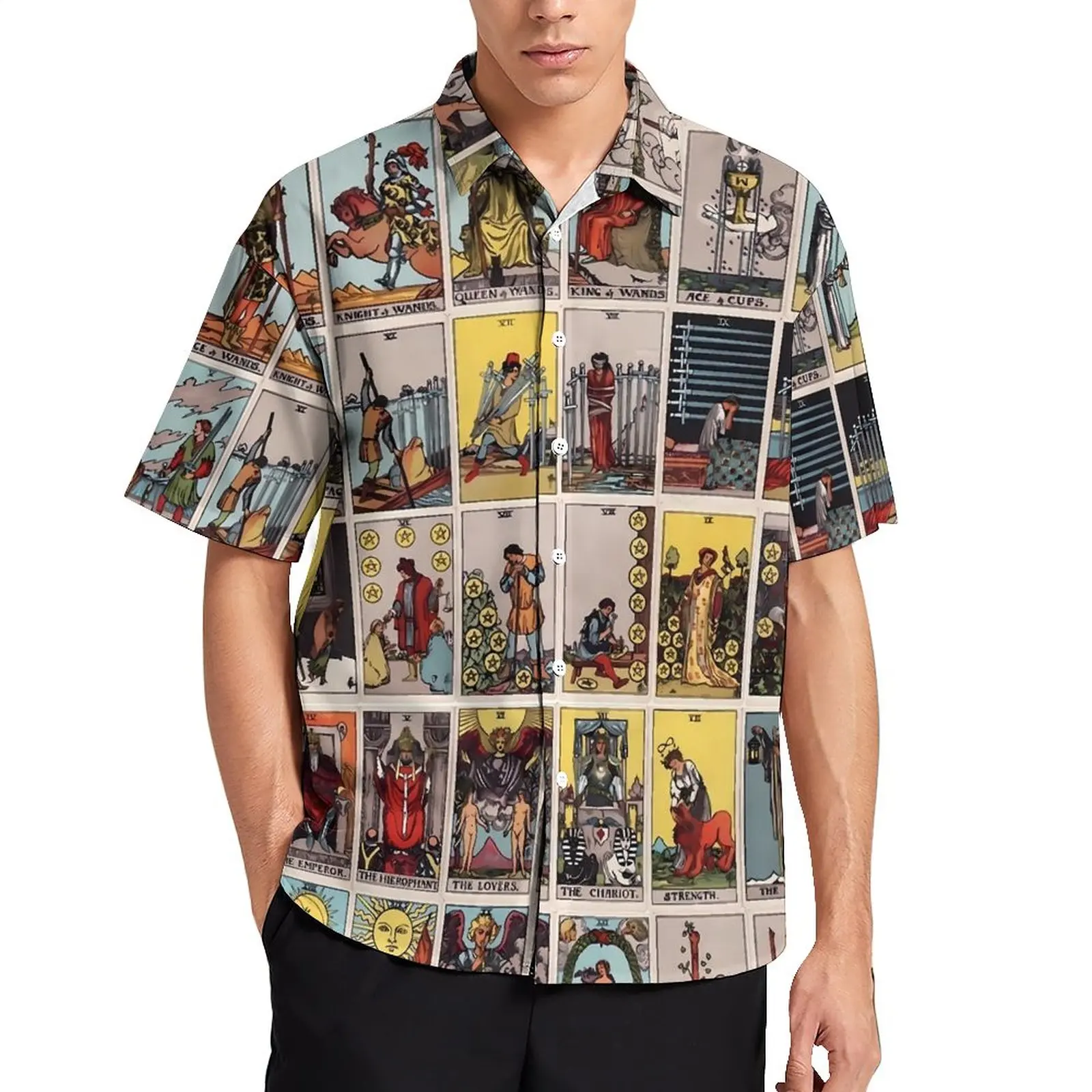 

Tarot Print Loose Shirt Men Beach Vintage Tarots Deck Casual Shirts Hawaiian Design Short-Sleeve Stylish Oversized Blouses
