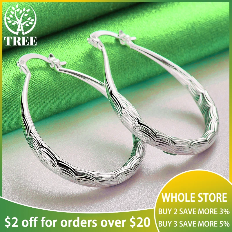 

925 Sterling Silver Classic Water Droplet Ripple Pattern Hoop Earrings For Women Engagement Wedding Party Elegant Charm Jewelry