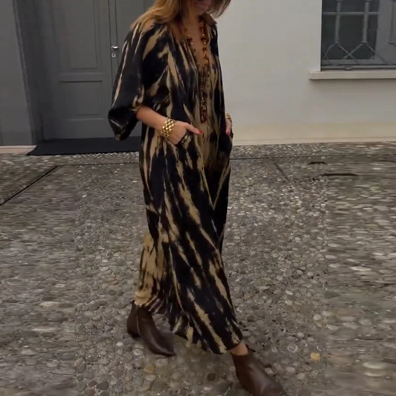 

Casual Loose Long-Sleeved Boho Pullover Dress Fashion Black Tie-dye Print Beach Dress Women V Neck Long Dress Sunscreen Clothing