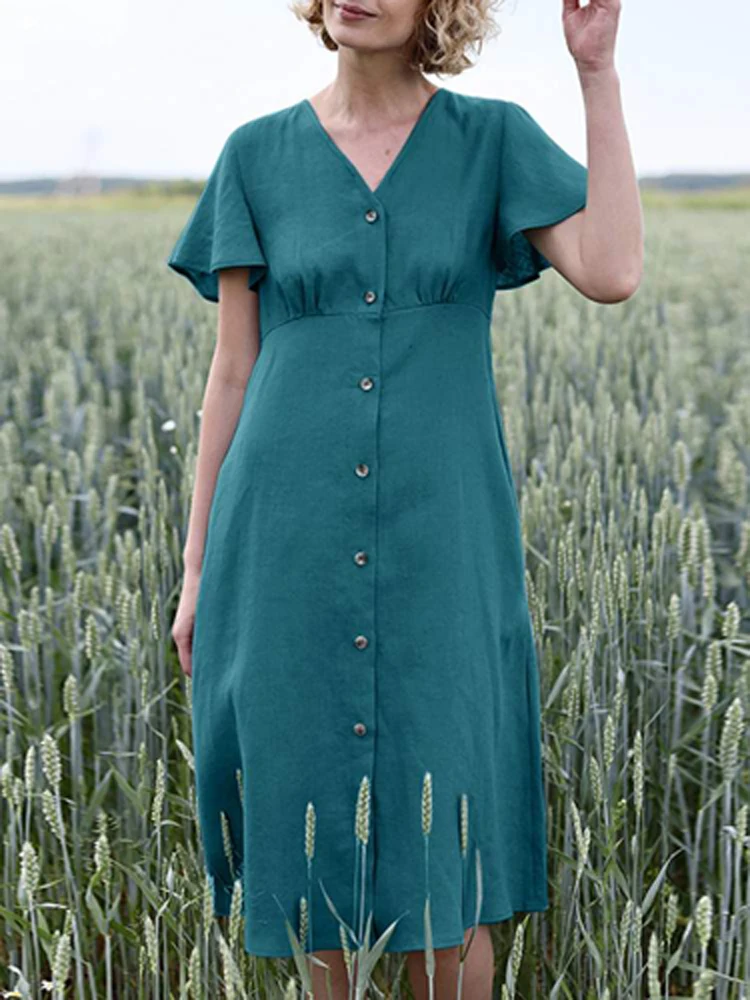 

Элегантное женское платье миди с V-образным вырезом и рукавом-бабочкой, летнее благородное однобортное платье, повседневное свободное удоб...