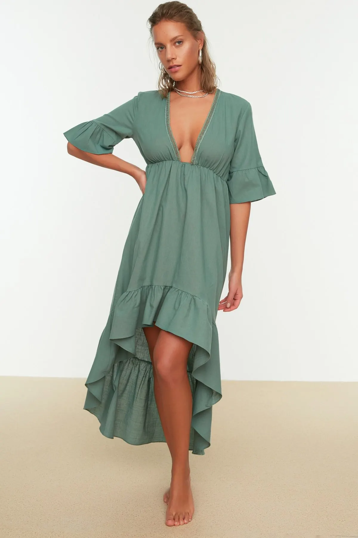 

Women's Dress Khaki Flywheel Detailed Elegant Fashion Casual Casual Casual Comfortable Short Sleeve Summer Boho Beach Dress