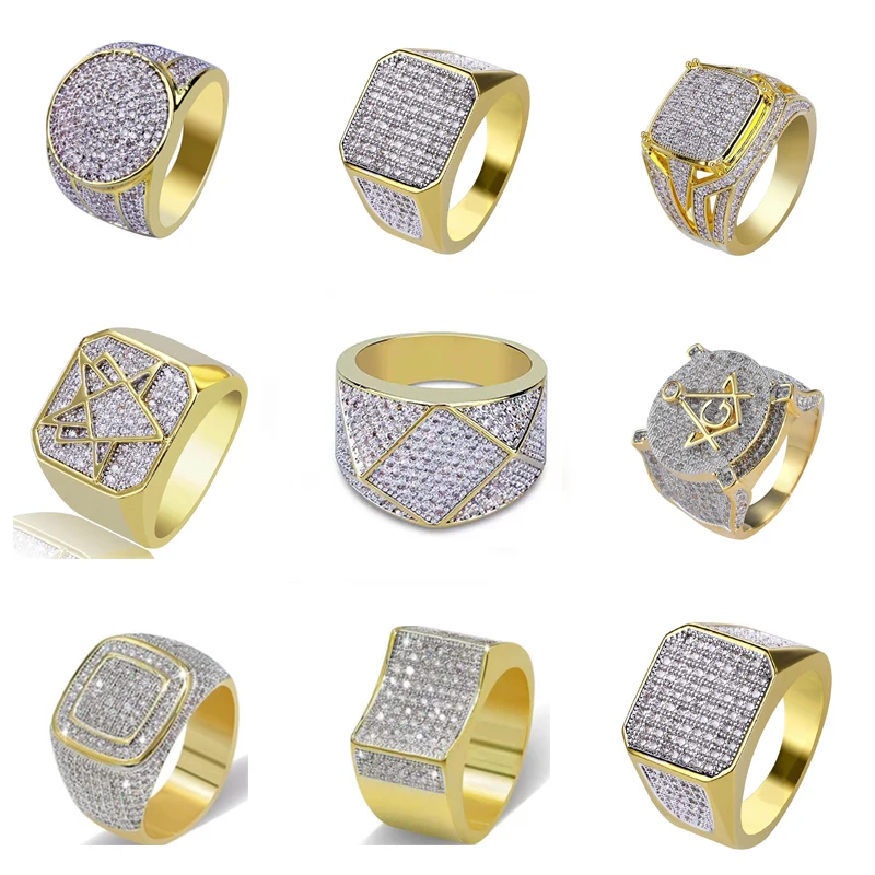 

Wholesale Fashion Golden Full Crystal Geometric Men's Ring Business Style Wedding Jewelry Male Hand Accessories