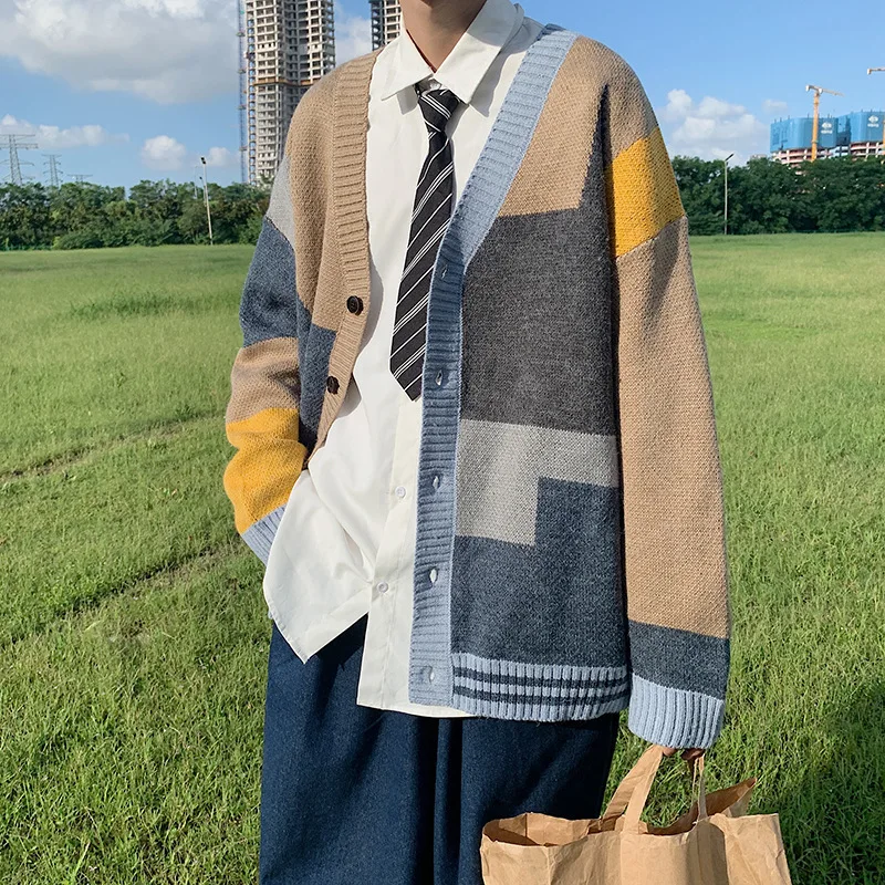 

Japanese retro V-neck cardigan sweater men's casual color knitted coat loose personality trend Korean top