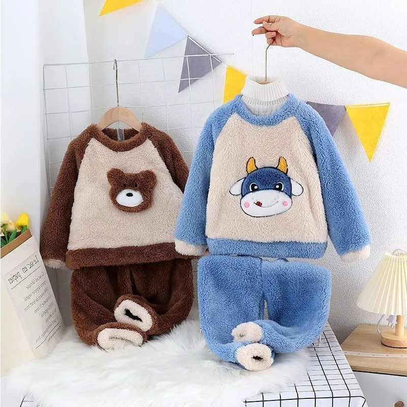 

Children's Pullover Flannel Padded Warm Suit Children's Pajamas Autumn And Winter New Animal Cartoon Baby Loose Home Clothing