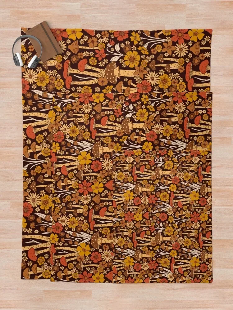 Ретро 1970s коричневые и оранжевые грибы цветы плед одеяло декоративная кровать в