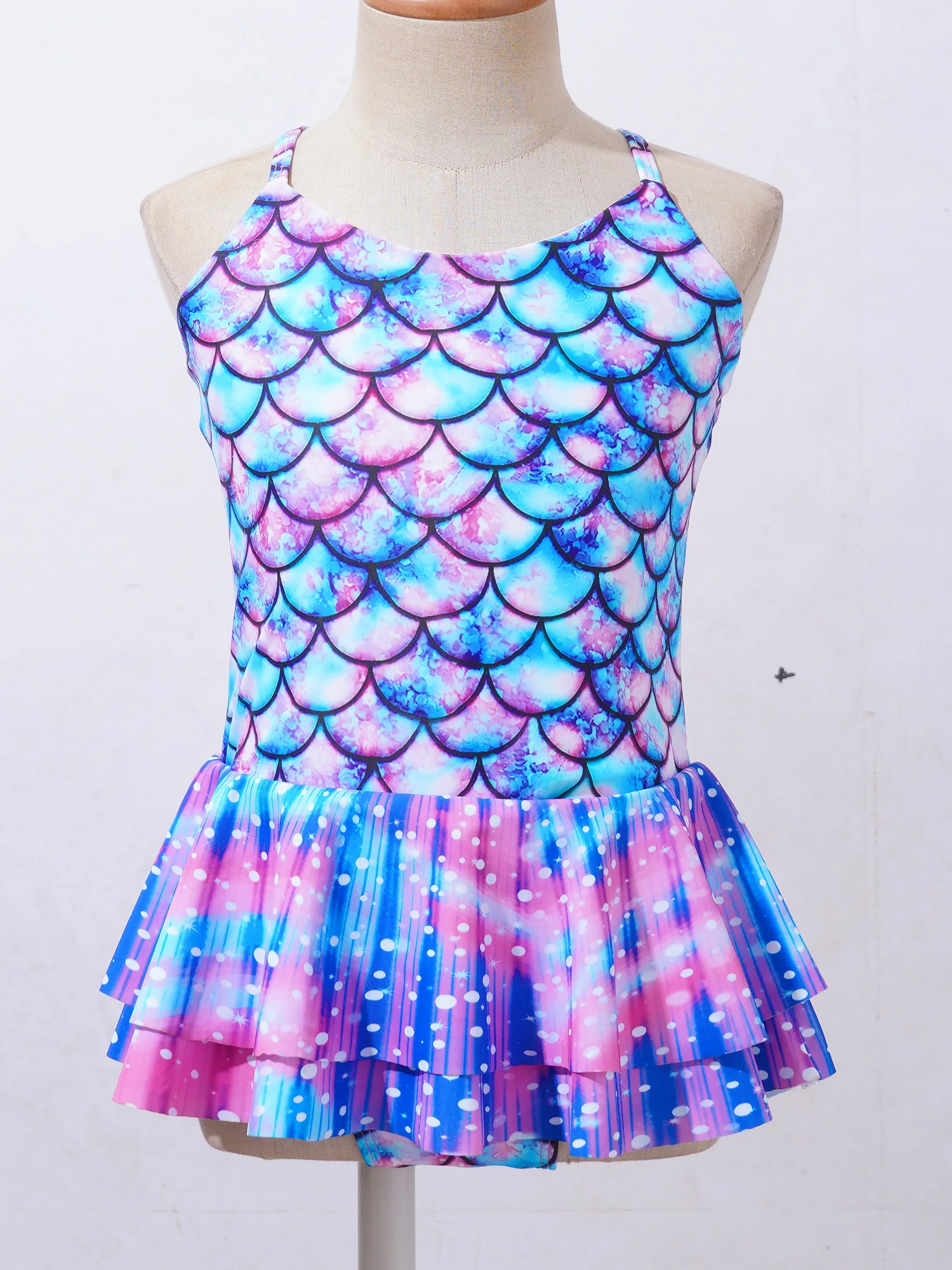 Kids Girls Purple One-piece Swimwear Rash Guard Mermaid Fish Scales Print Swimsuit Straps Ruffle Flounce Beach Surfing Jumpsuit