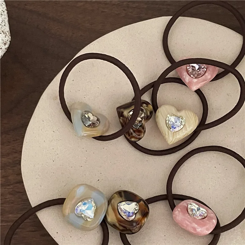 

Korean New Design Geometric Square Heart Elastic Hair Rope High Resilience High Quality Acetate Rhinestone Head Rope