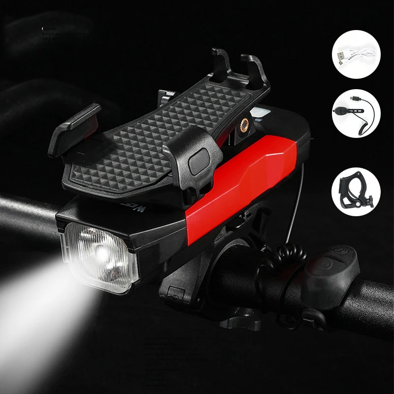 

Велосипедный фонарь 4 в 1, горсветильник светильник с зарядкой через Usb и звуковым сигналом, с держателем для телефона, велосипедное освещени...