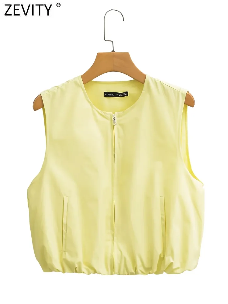 Zevity Women Basic O Neck Solid Color Hem Elastic Slim Blouse Female Chic Sleeveless Zipper Vest Shirt Blusas Crop Tops LS7180