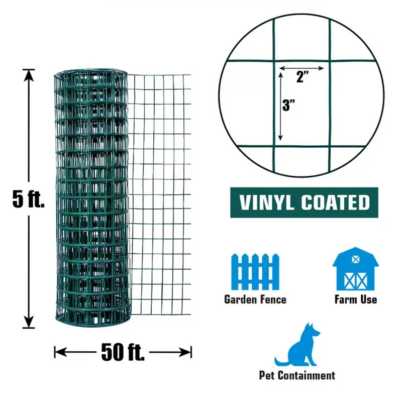 16 Gauge Green Vinyl Coated Welded Wire Mesh Size 2 inch X 3 5 ft x50 feet