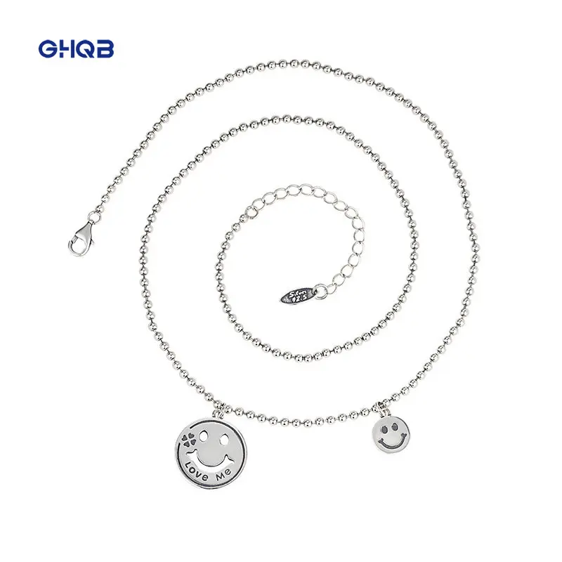 

S925 Sterling Silver Smiley Face Necklace Imported from South Korea Women's Vintage Worn Ball Chain Net Red Collar Chain