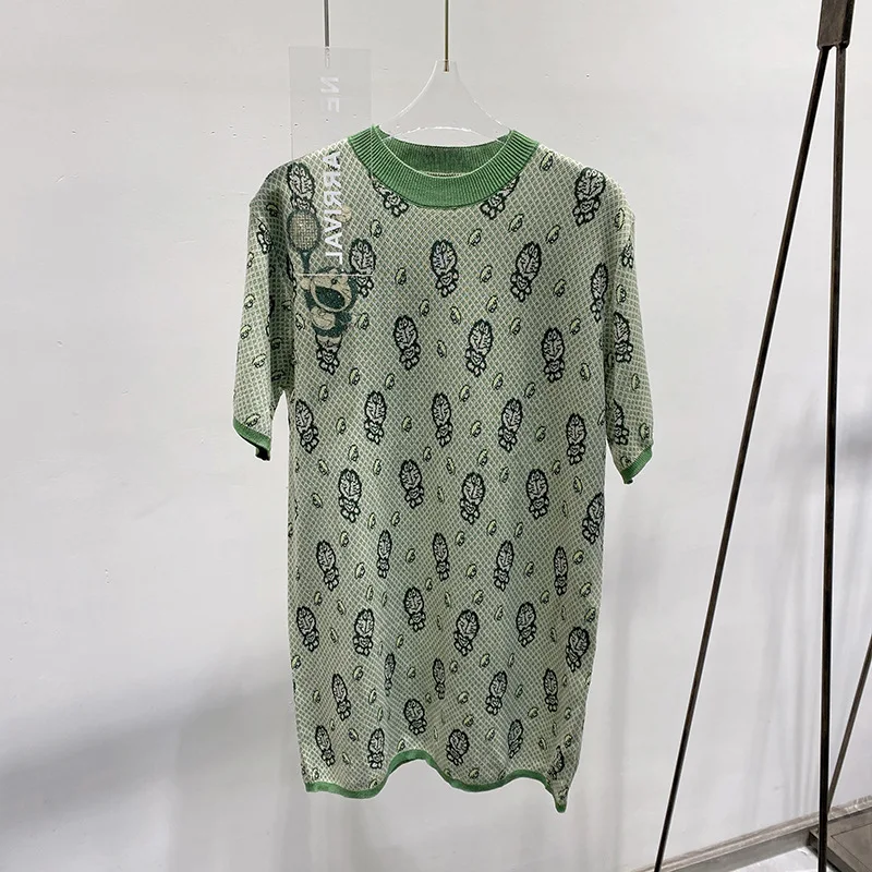 

High Quality Korean Style Robot Cat Cartoon Embroidery Ice Silk Ice Linen Dress Summer Women's Knitted Casual Skirt Women