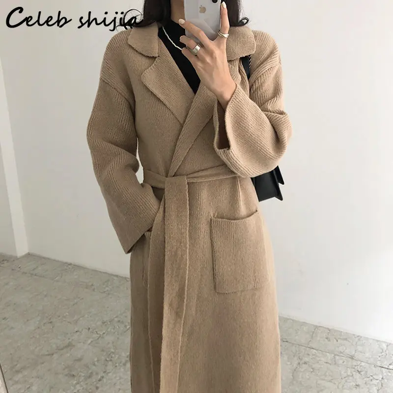 

Женский шерстяной кардиган оверсайз, длинный вязаный кардиган цвета хаки с большими карманами и отложным воротником, на шнуровке, осень 2022