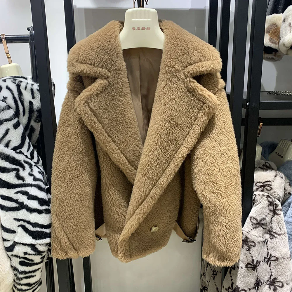 Women Jacket Teddy Bear Coat Winter Coat Female Casual Double Breasted Real Wool Fur Oversize Ladies Alpaca Mid-length Outwears