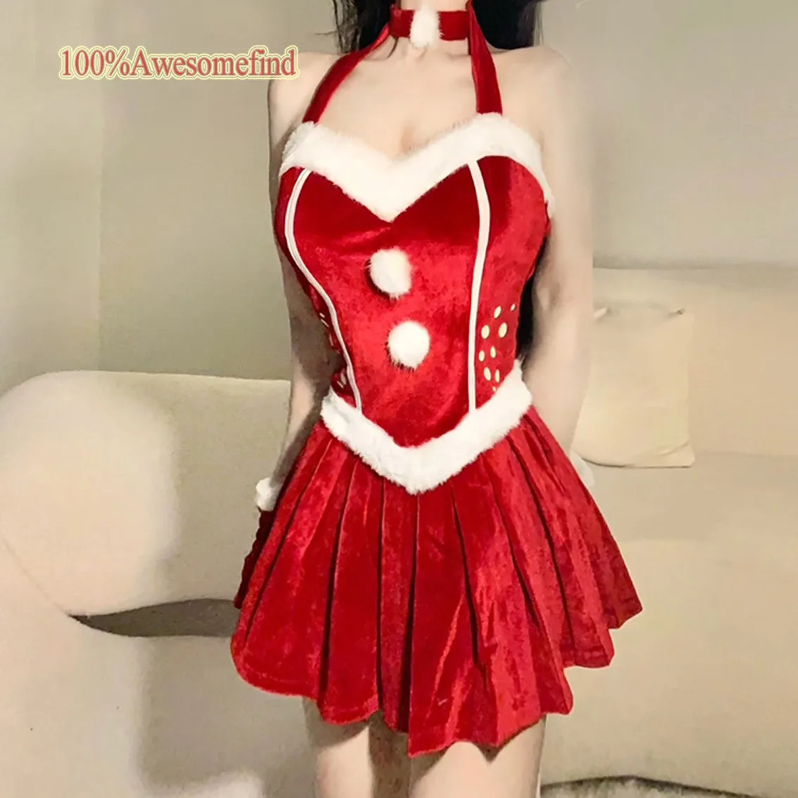

2022 Women Christmas Party Xmas Lady Santa Claus Erotic Cosplay Costume Sexy Lingeries Exotic Winter Halter Dress Bunny Girl