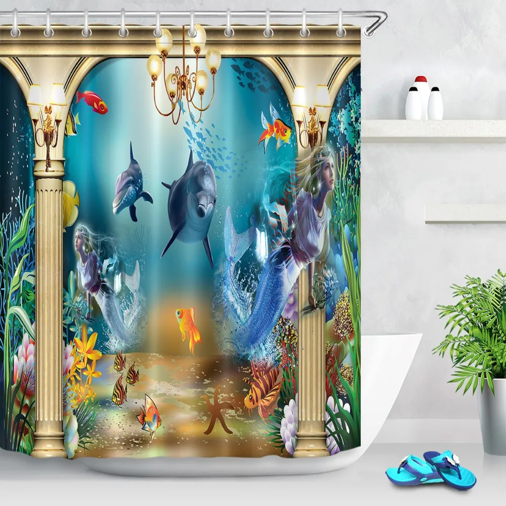 

Luxury Undersea Palace Fish Dolphin Mermaid Shower Curtain and Mat Set Waterproof Polyester Bathroom Fabric for Bathtub Decor