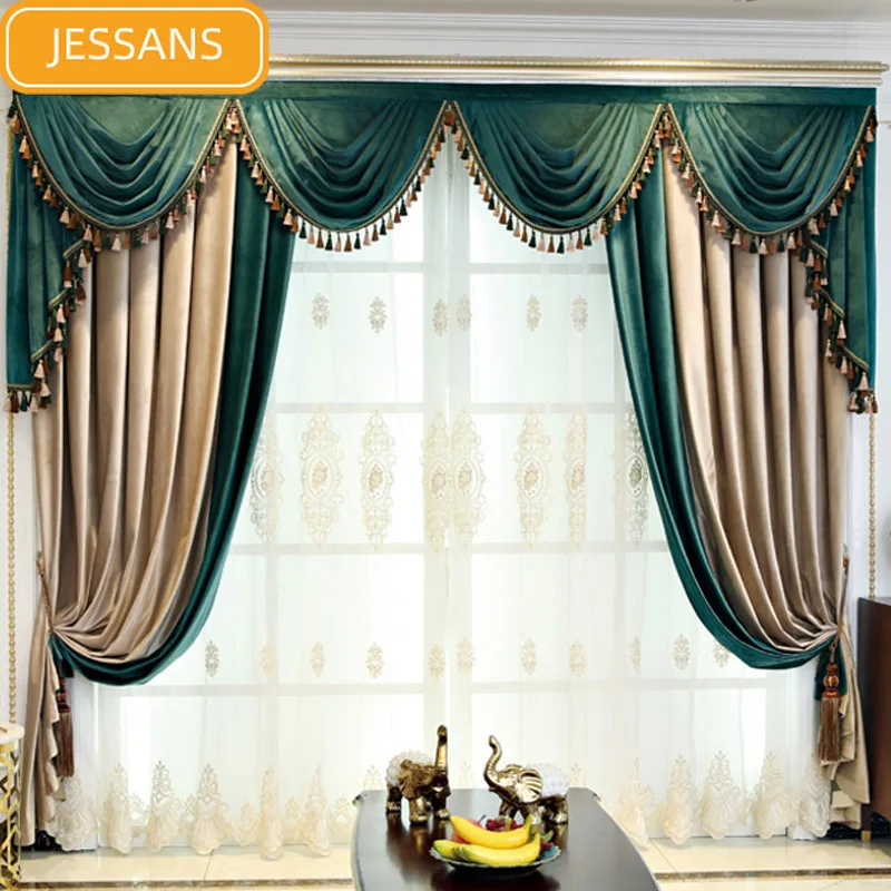 

European-style High-end Color Matching Flannel Curtains Thickened Blackout Curtains for Living Room and Bedroom Customized