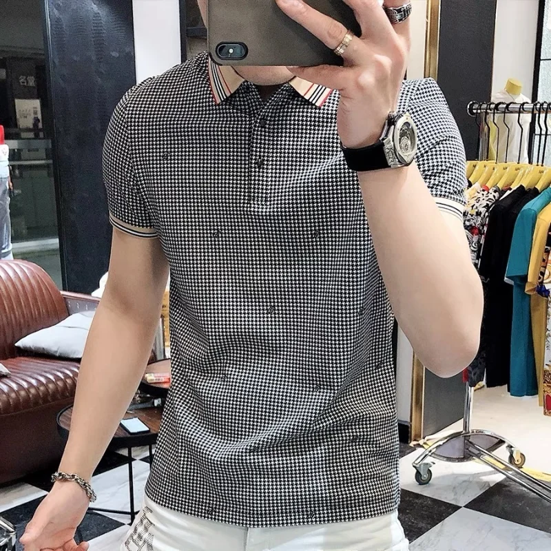 

Clothing Cotton Plaid Streetwear Casual Mens With Collar Tee Shirts Chic High Quality Polo T Shirt for Men Summer Top Vintage S