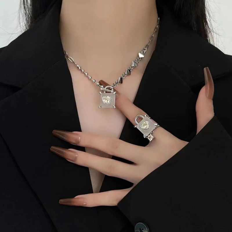 

Luxury Women Heart-shaped Crystal Lock Necklace Earrings Ring Set Fashion S925 Silver Needle Open Ring Clavicle Chain Choker Set