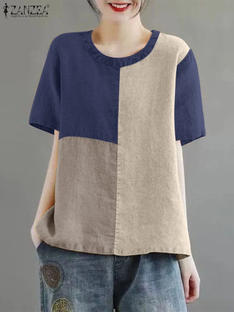 Zanzea Женская Лоскутная Блузка Повседневный Хлопковый Льняной Топ С Короткими