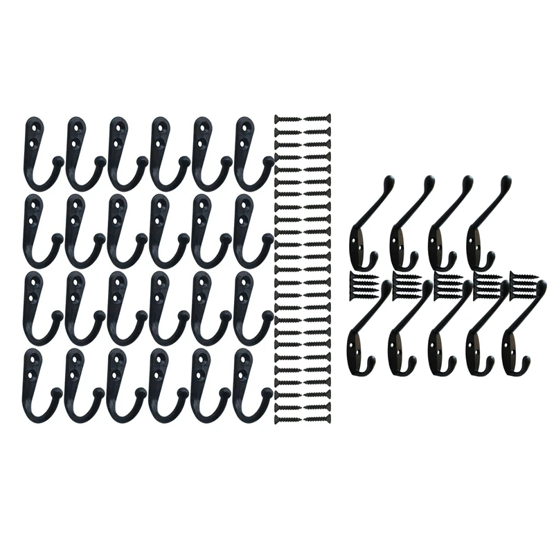 

2 Set Coat Hooks Wall Mounted Robe Hook Single Coat Hanger No Scratch And Black With 70 Pieces Screws