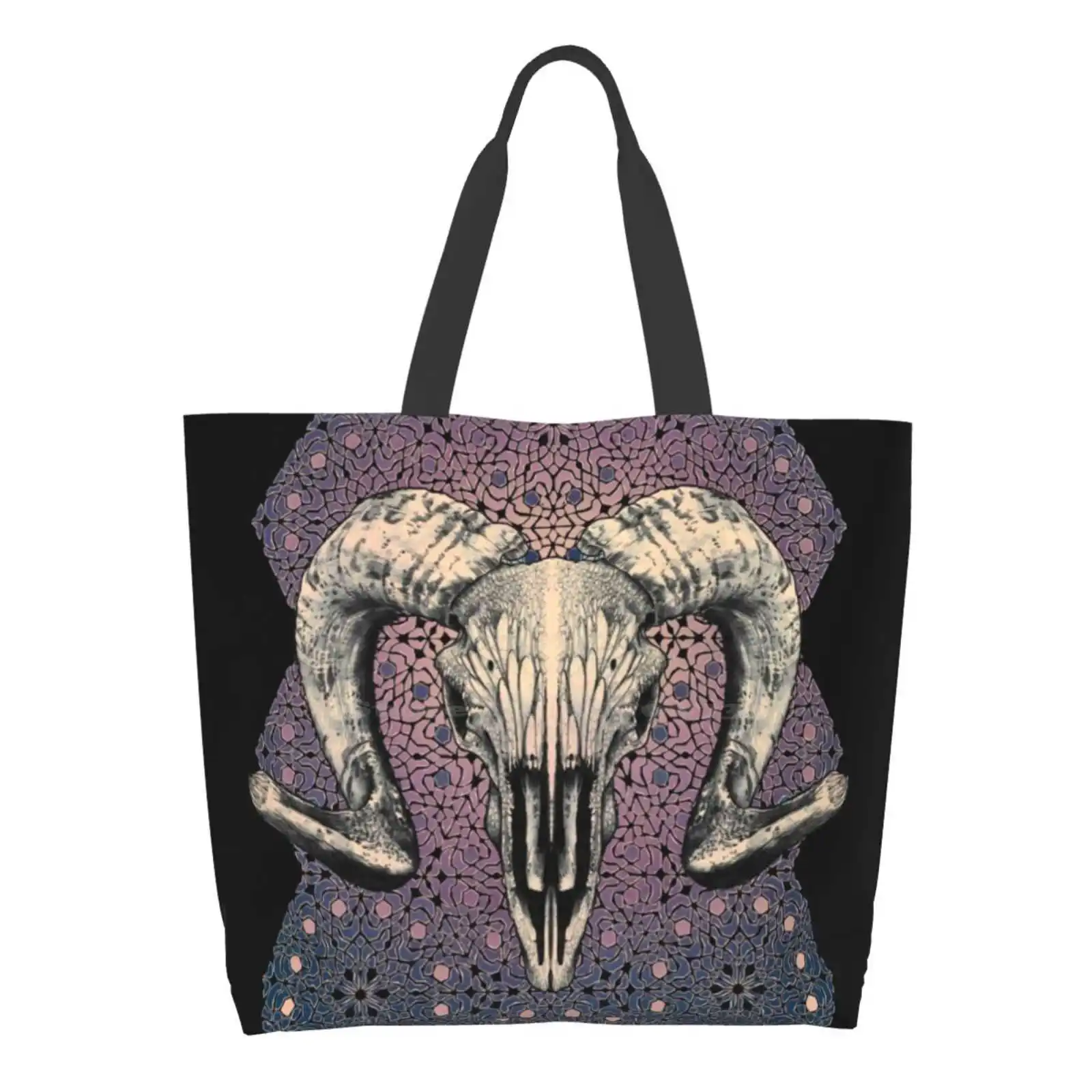 

Ram Jam Large Size Reusable Foldable Shopping Bag Ram Skull Horns Horned Hex Math Geometric Abstract Chaos Mortality