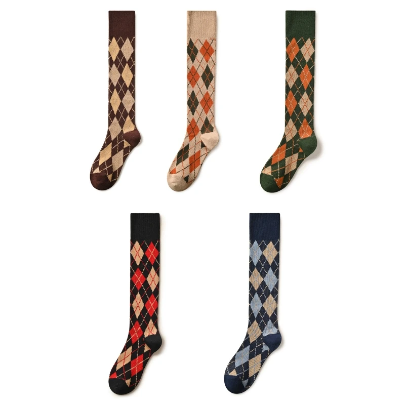 

Women Ribbed Knee High Socks Japanese Preppy Style Vintage Colorful Argyle Diamond Plaid Pattern High Tube Stockings