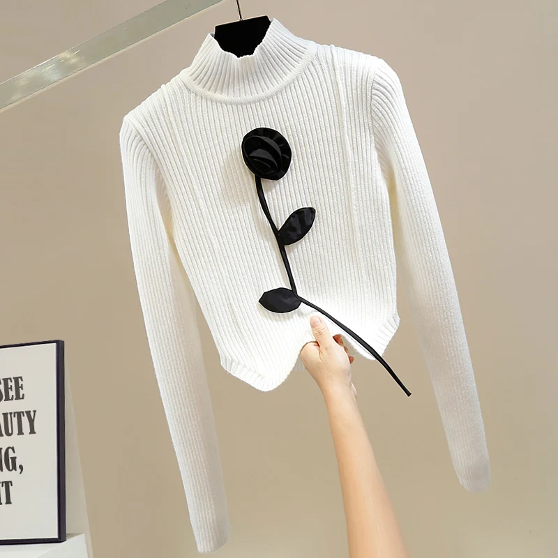 

2022 Autumn Winter Knitwear Jumper Woman Irregular Contrast Color Flower Turtleneck Female Slim Short Thickened Knitting Sweater