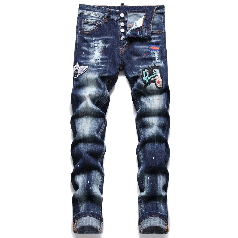 

Men Jeans European Italy Brand Slim Fit Ripped Badge Denim Pants Design Baggar Hole Streetwear Hip Hop Punk Biker Trousers Man
