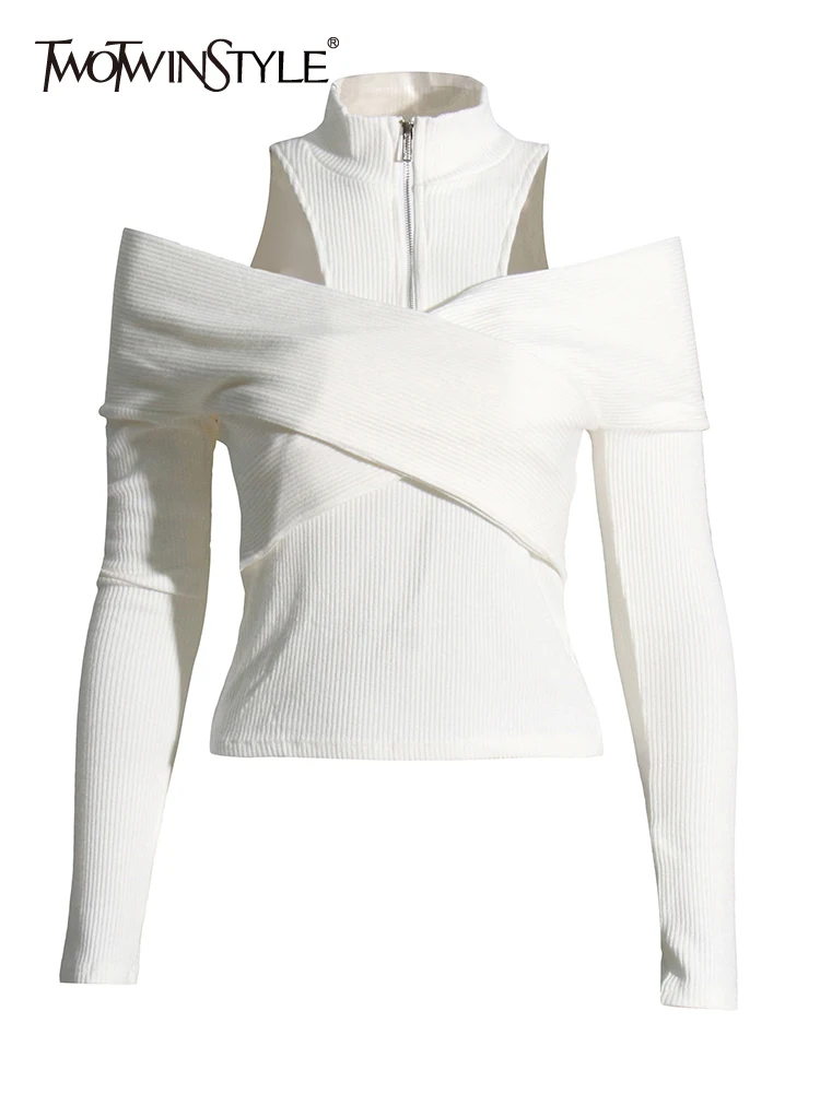 

TWOTWINSTYLE Slim Cut Out Sweater For Women Turtleneck Long Sleeve Patchwork Knitting Pullover Female Autumn Clothing 2022 New