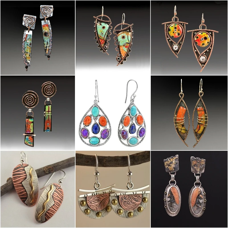 

New Design Yellow Orange Stone Earrings Vintage Red Bronze Hollow Metal Bending Golden Color Lines Dangle Earrings for Women