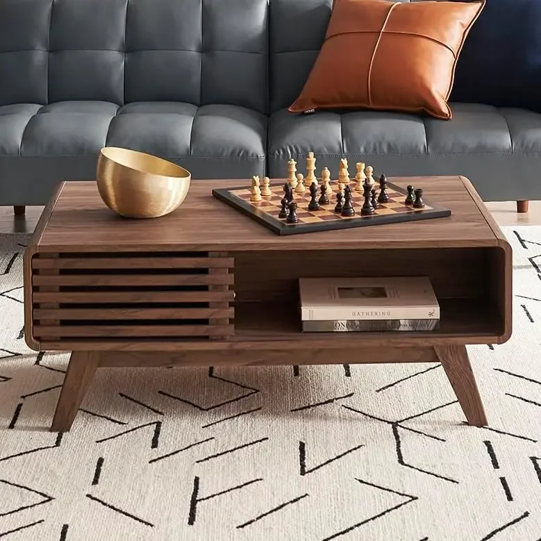 Coffee Table Mid Century Modern with Storage Farmhouse Wood for Living Room Fluted (Walnut)