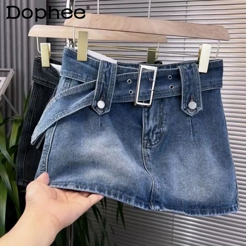 

Sexy Low Waist with Belt Denim Skirt for Women 2022 Spring Summer New Hippie A- Line Mini Skirt Female Black Blue Shorts Skirt