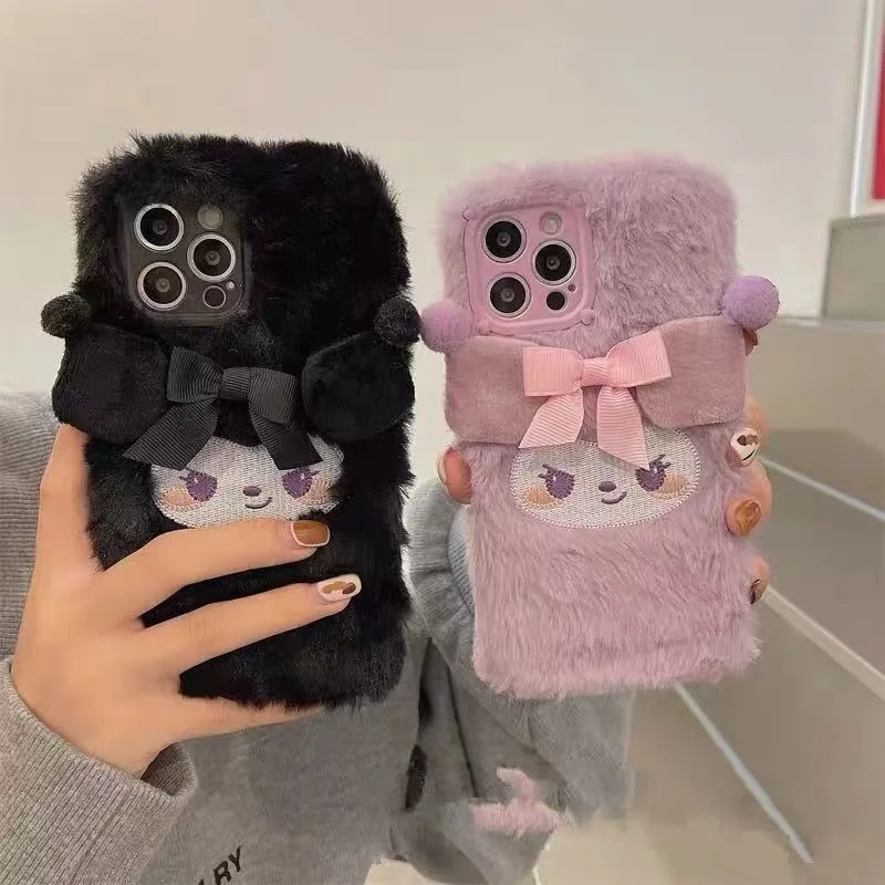 

Sanrio Kuromi Purple Black Winter Plush Phone Cases For iPhone 14 13 12 11 Pro Max XR XS MAX 8 X 7 Back Cover