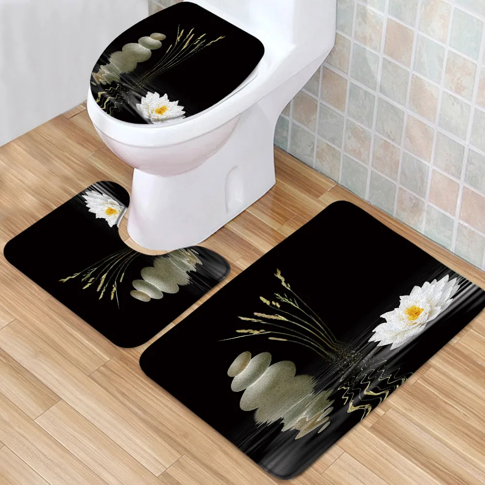 

Zen Bath Mat Set Buddhism Lotus Landscape Stone Flowers Plants Low Pile Memory Foam Bath Mat Toilet Cover U-Shaped Carpet
