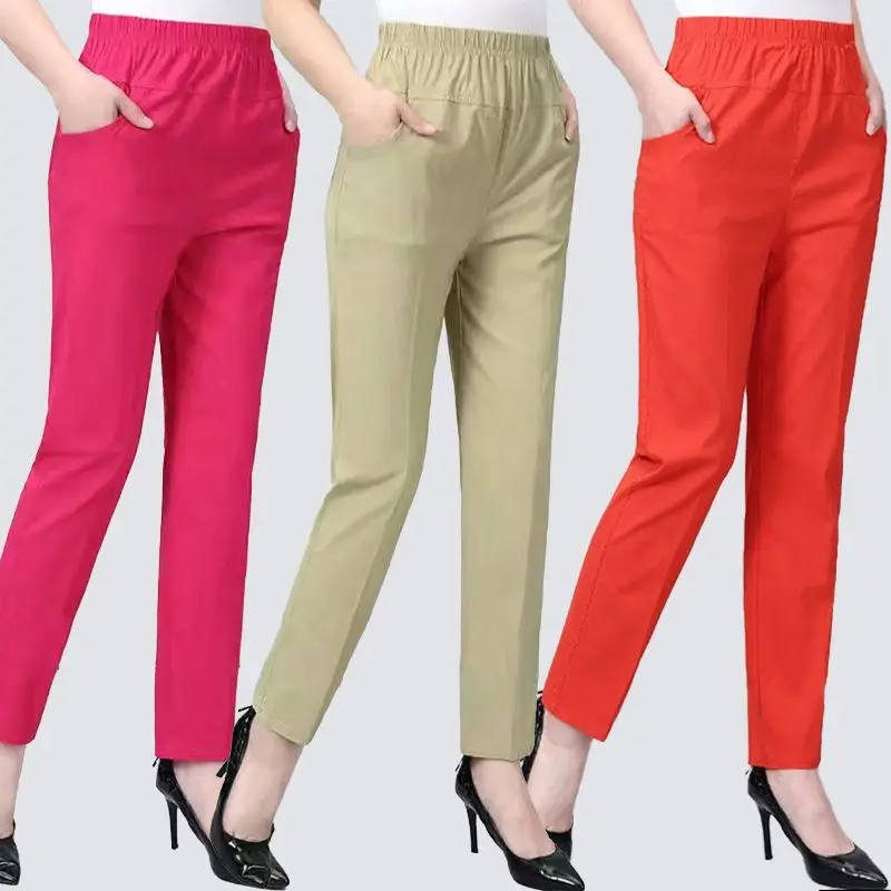 Womens Summer Pants Cotton Linen Solid Elastic waist Candy Colors Harem Trousers Soft High Quality for Female Ladys XL-5XL X05