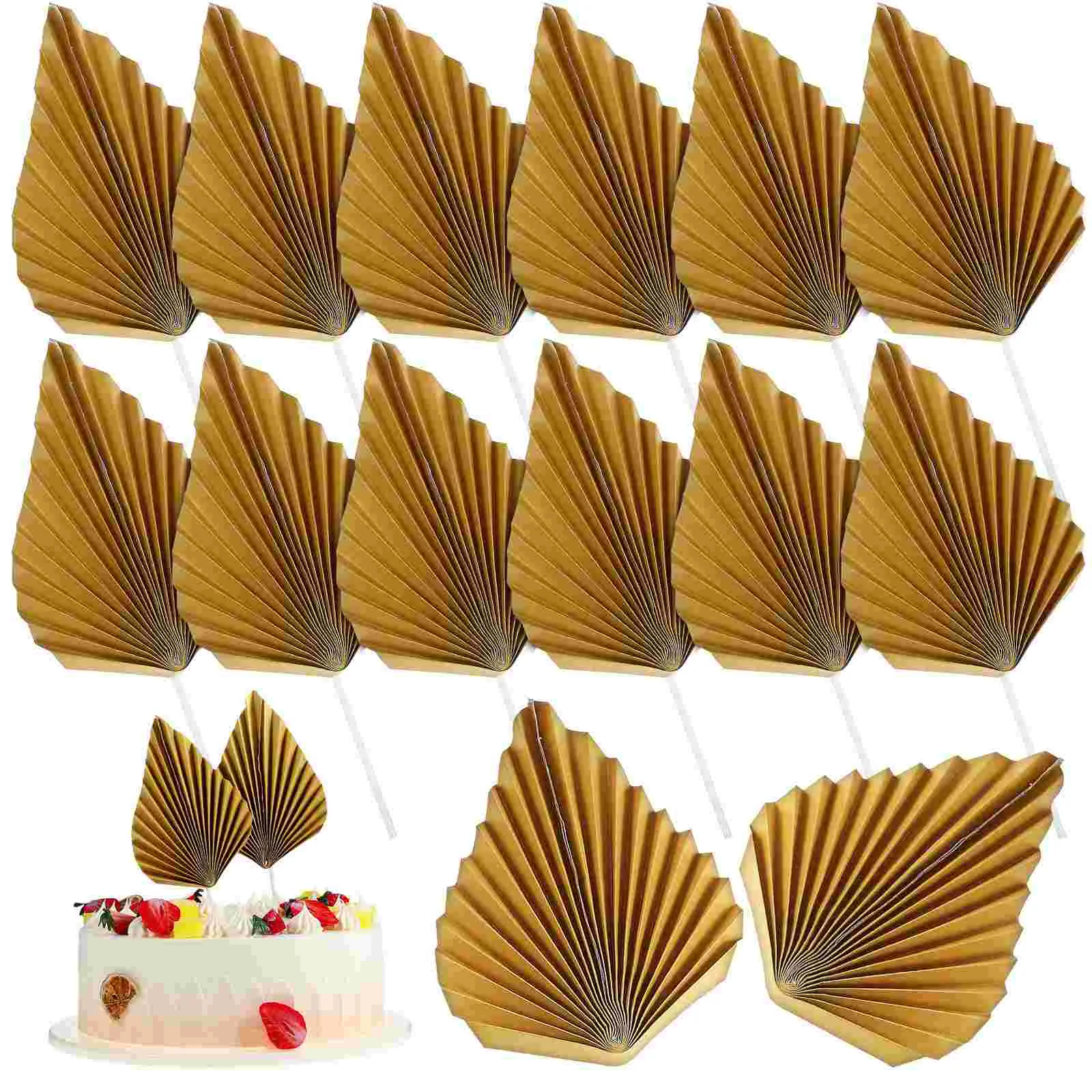 

24 Pcs Socket Fan Baby Leaf Toppers Bohemia Gold Cake Decorations Paper Cake Picks Child