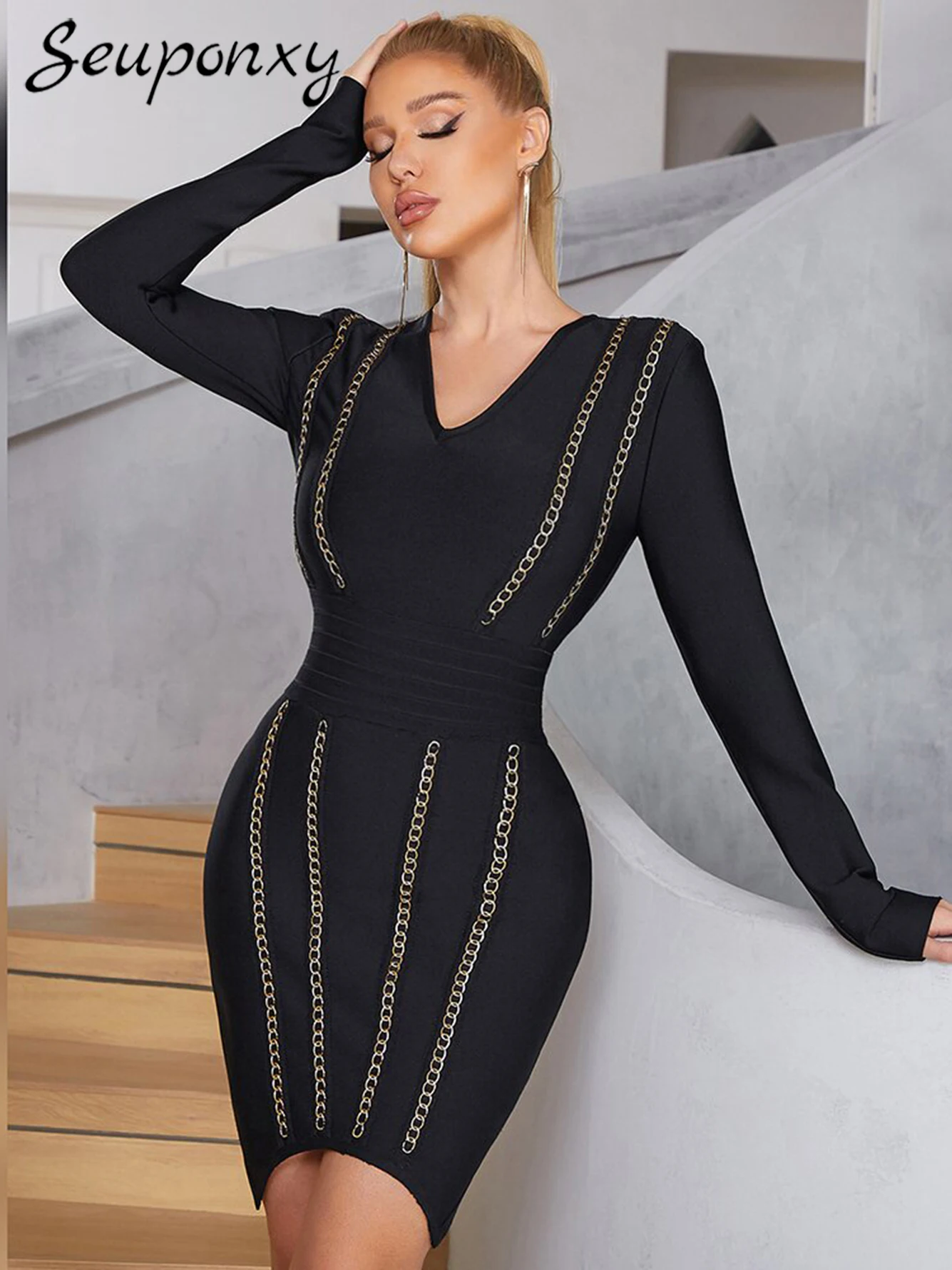 

High Quality Sexy V-Neck Long Sleeve Chain Bodycon Bandage Dress Black Fashion Women's 2022 Elegant Evening Party Dress Vestidos