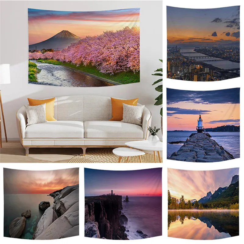 

Sunset Lighthouse Countryside Sakura Scenery Printed Polyester Tapestry Wall Hanging Tapestries For Bedroom Dorm Hotel Decor