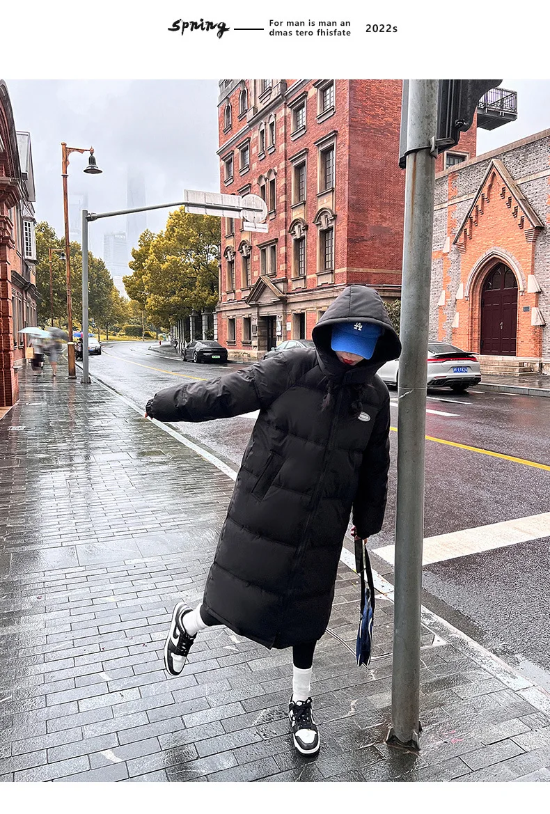 Removable Hat Winter 2022 Long Down Cotton Jacket For Men Women Over Knee Loose Coat Windproof Korean Fashion Outwear