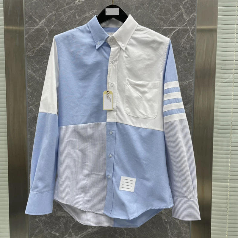 TB Business Man Shirt Fashion New 2022 Man Shirt Full Sleeve Blue and White Plaid 100% Cotton Shirt for Men with Pocket Striped