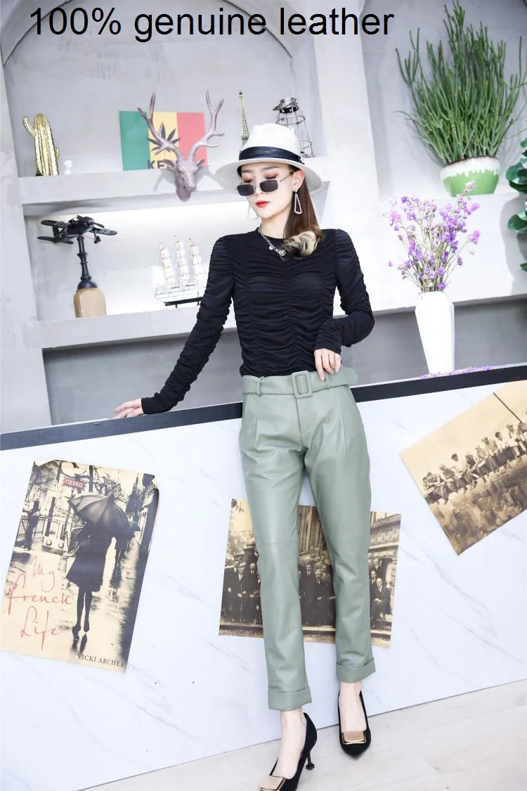 

Women High pencil quality 2023 brand pants.casual 100% genuine leather pants.fashion slim sheepskin trousers.ankle length