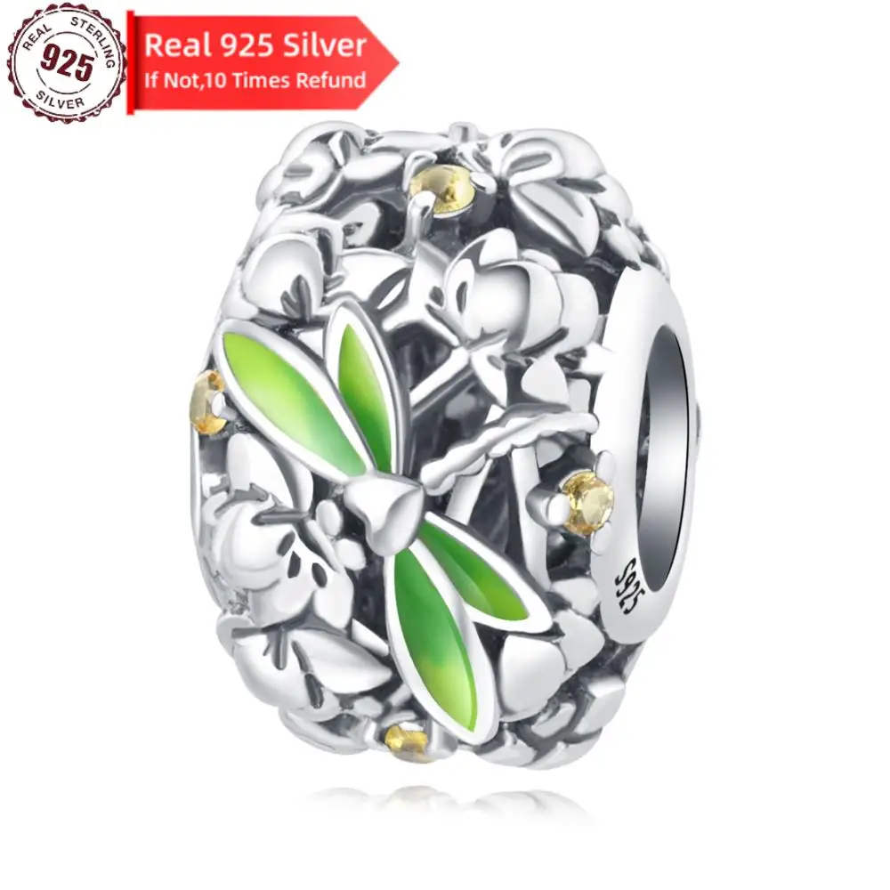 Бусины из серебра 100% пробы в виде зеленой стрекозы и цветка лотоса для браслетов