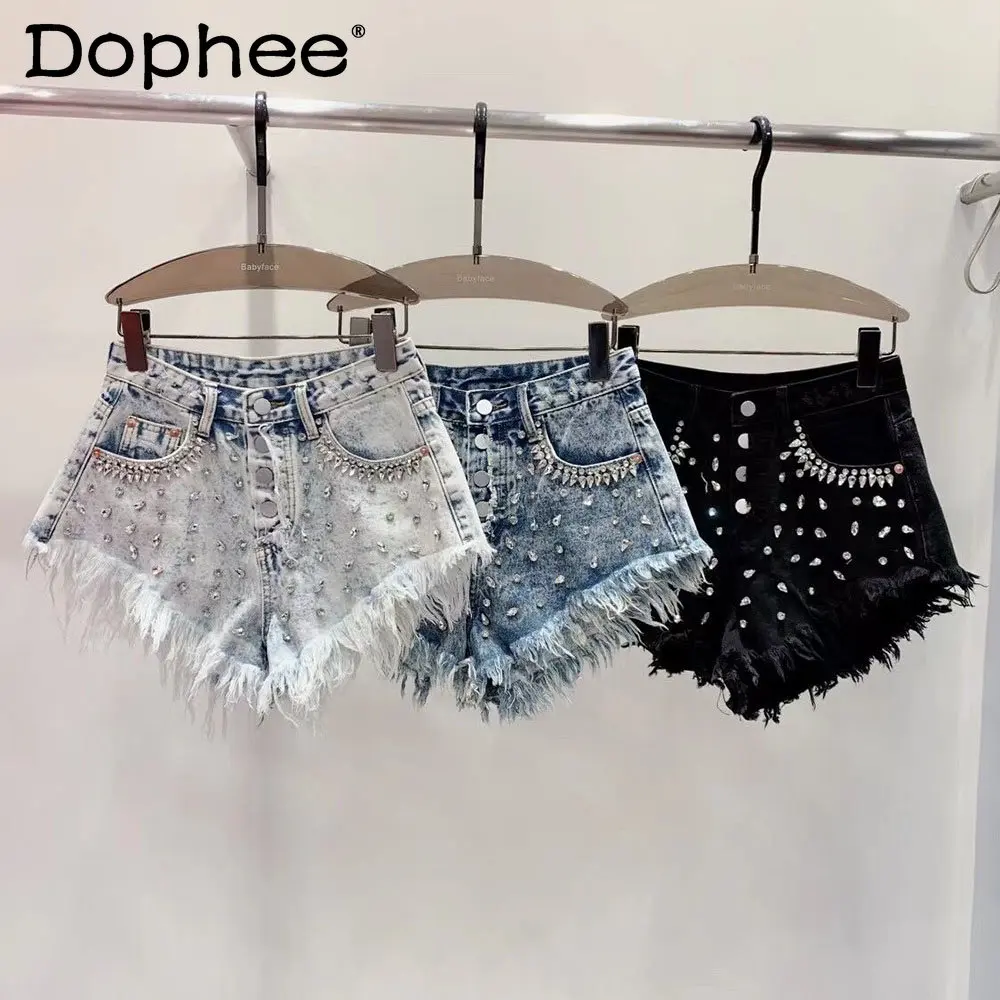 Design Sense Exquisite Rhinestone Raw Edge Denim Shorts Female Summer New Loose Slimming High Waist Wide Legs A-line Booty Pants