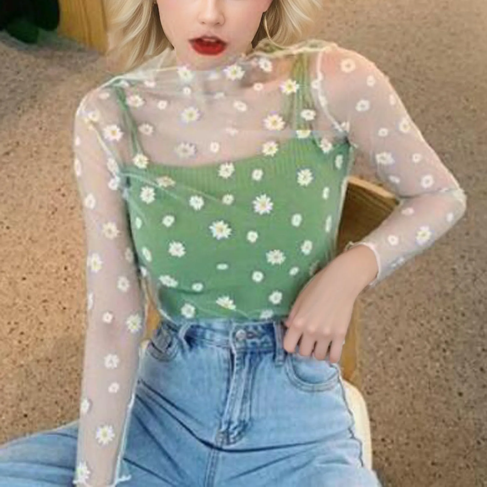 

Transparent Daisy Print Shirt Women Sexy Mesh Tops Harajuku Undershirt Top Camisas Femininas Clubwear Autumn Blusas Sunscreen
