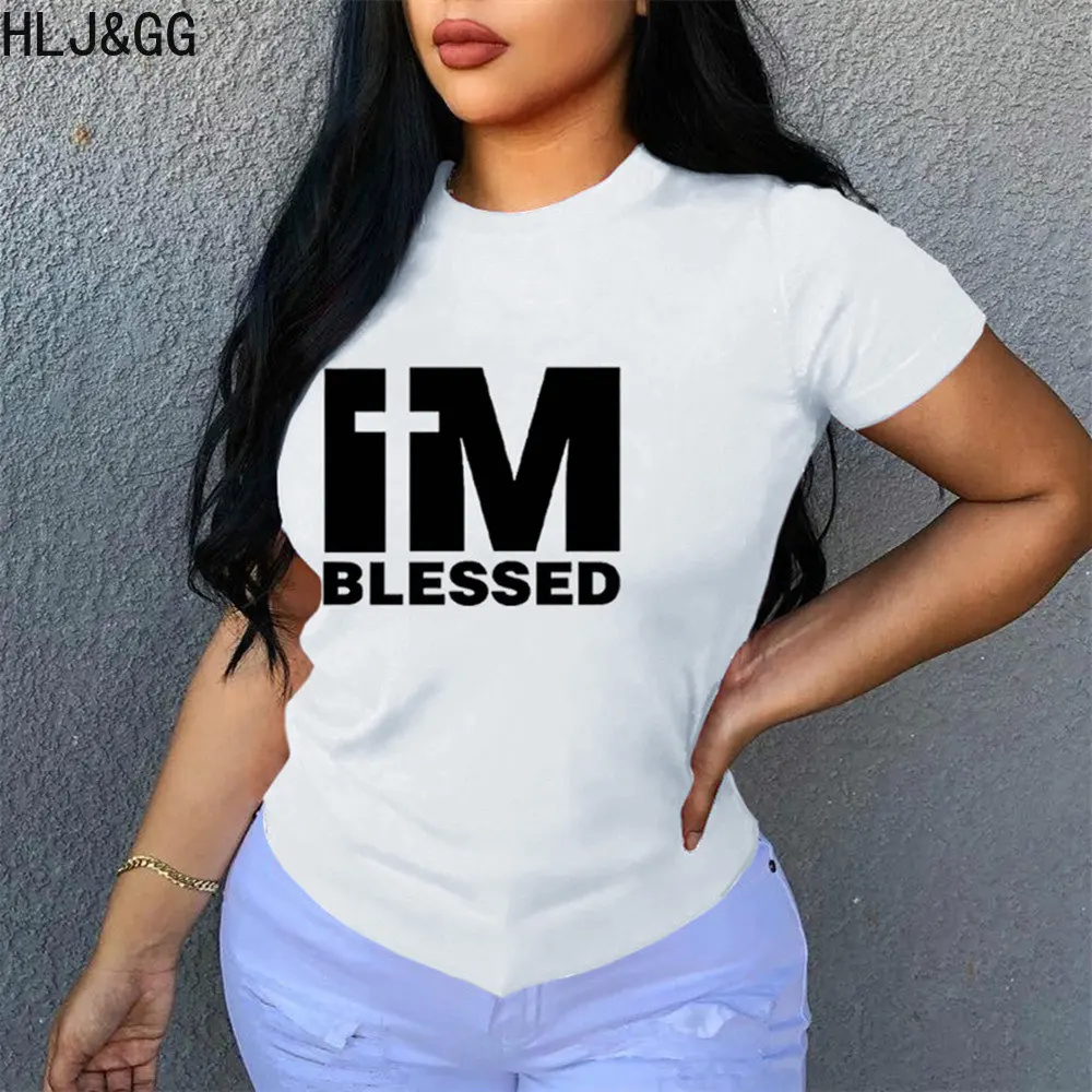 

HLJ&GG Casual Letter Print T Shirt Women Round Neck Short Sleeve Slim Tops Summer Pattern Harajuku Tshirt 2023 New Clothing Tops