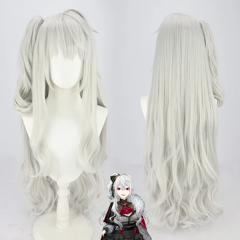 

New Female VTuber Kuzuha Sanya Cosplay Wig NIJISANJI Women Girls Long 80cm Silver White Curly Ponytail Wigs Heat Resistant Fibre