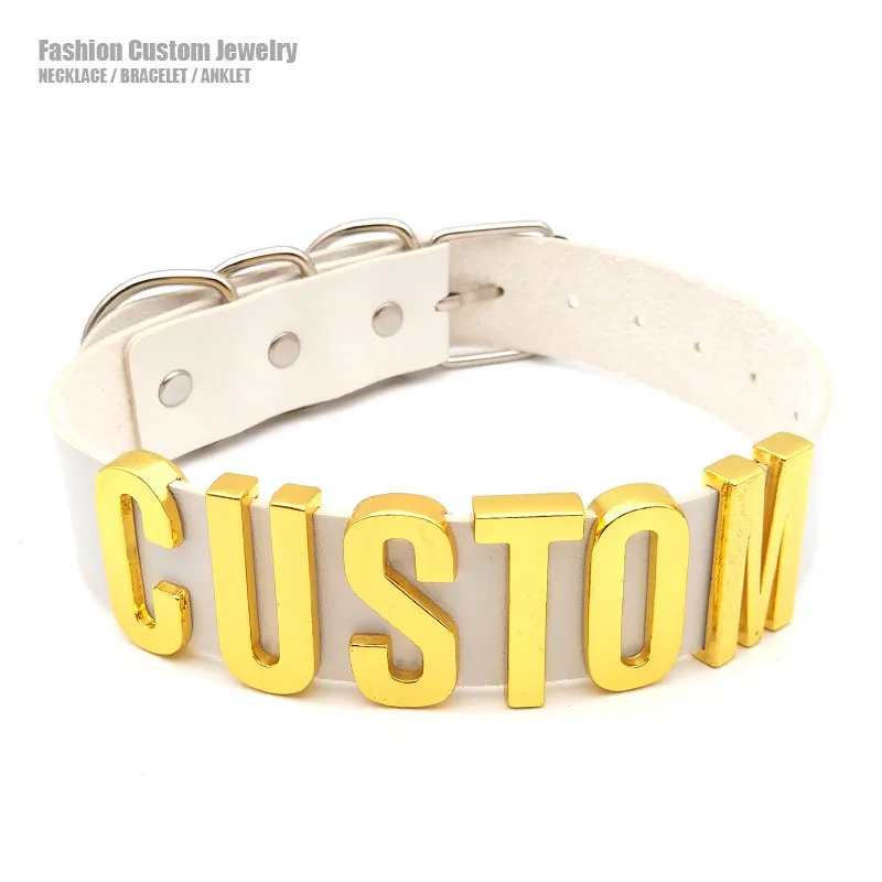 

30MM Punk Gold Letters Soft White PU Leather Collars Customized Slave Choker Necklace Sexy Belt BDSM Sex Cosplay Party Jewelry